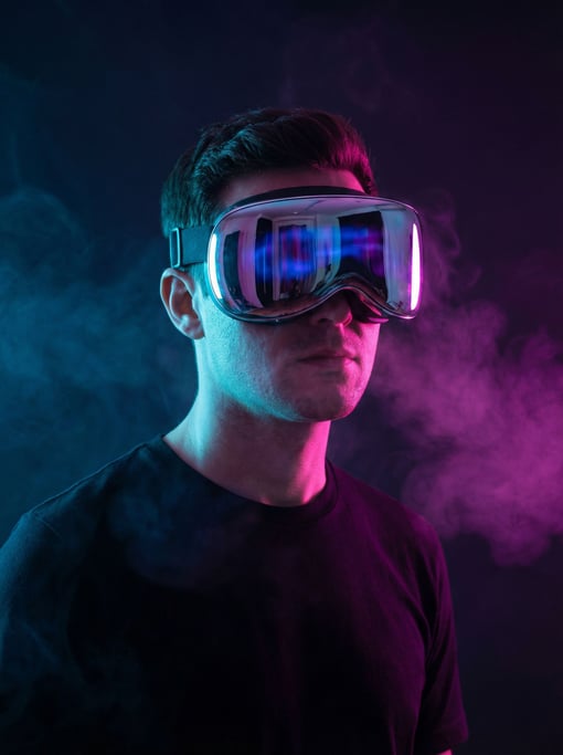 A neon-lit portrait of a man wearing a chrome-finish VR headset