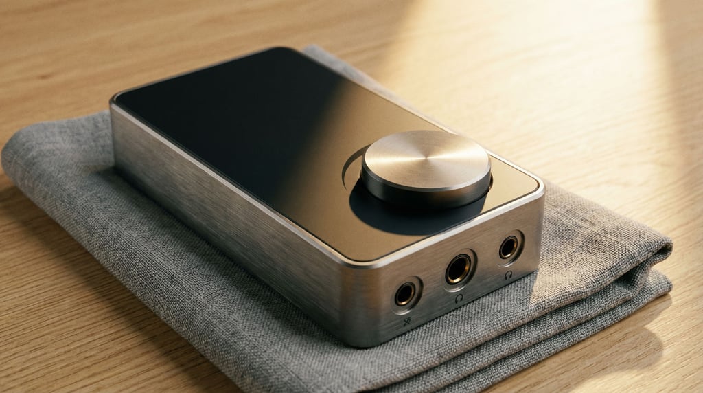 The brushed titanium surface of a portable DAC amplifier catches warm light from the upper right