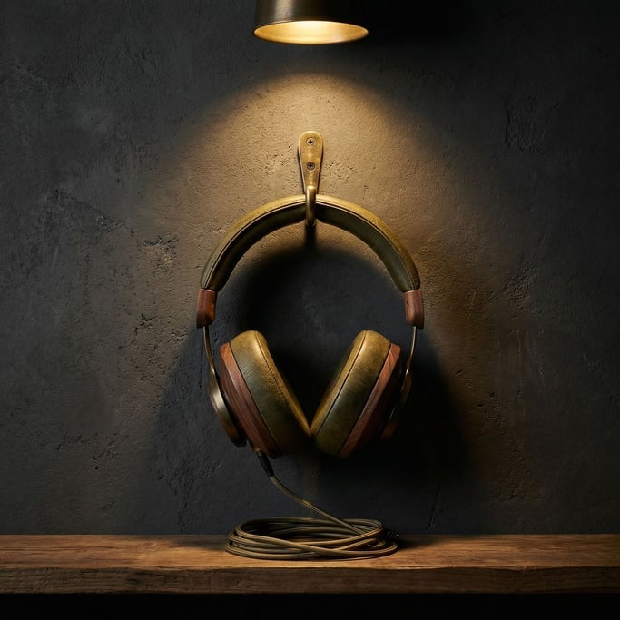 A pair of over-ear headphones with olive green leather earcups and a walnut wood headband bridge