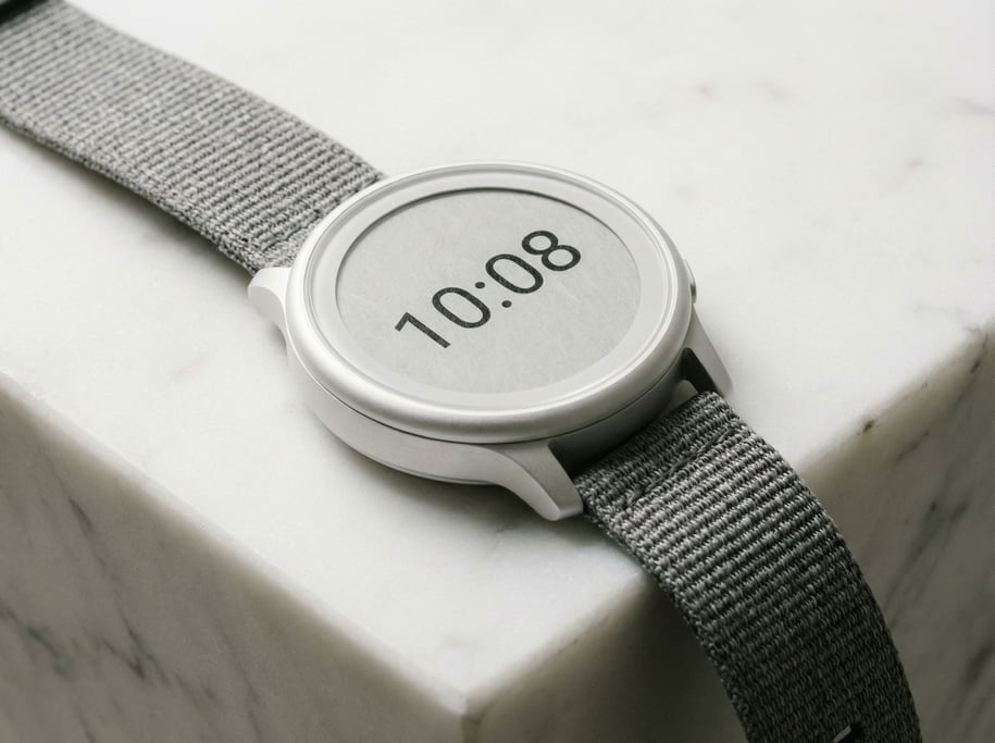 Under diffused overhead light a matte white aluminum smartwatch sits on smooth white marble