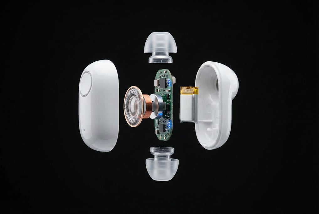 An exploded view of a concept wireless earbud floating in space against a pure black background