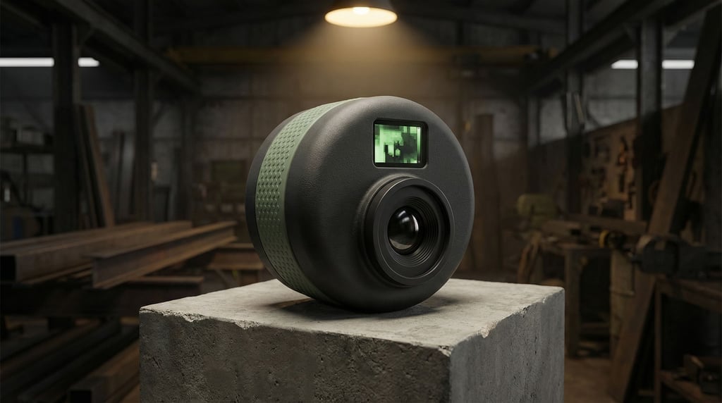 A concept thermal imaging camera shaped like a thick puck with a single large lens on front