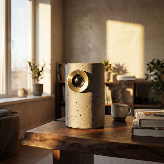 Morning light pours through a window and lands on a polished concrete cylinder — a portable projecto