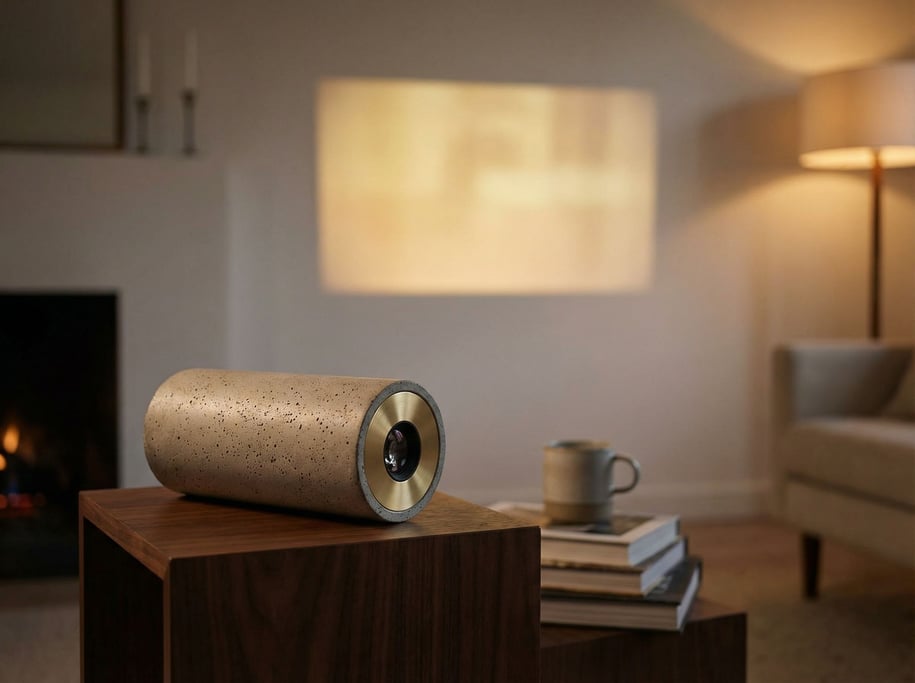 A concept portable projector shaped like a small polished concrete cylinder with a brushed brass len