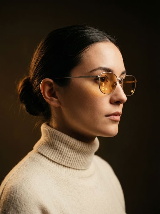 A woman in profile wearing slim AR glasses with translucent amber-tinted lenses and thin titanium fr
