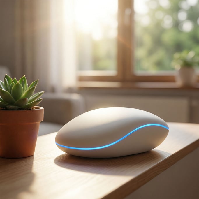 A concept smart home climate sensor shaped like a smooth river stone in matte white injection-molded