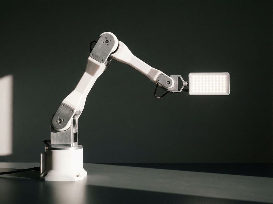The robotic desktop arm extends gracefully across the frame — white polycarbonate segments joined by