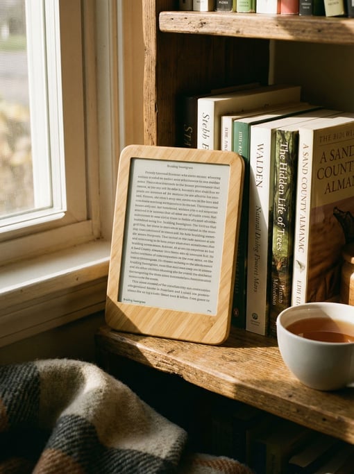 Afternoon light from a nearby window warms the bamboo frame of a concept e-reader as it leans agains