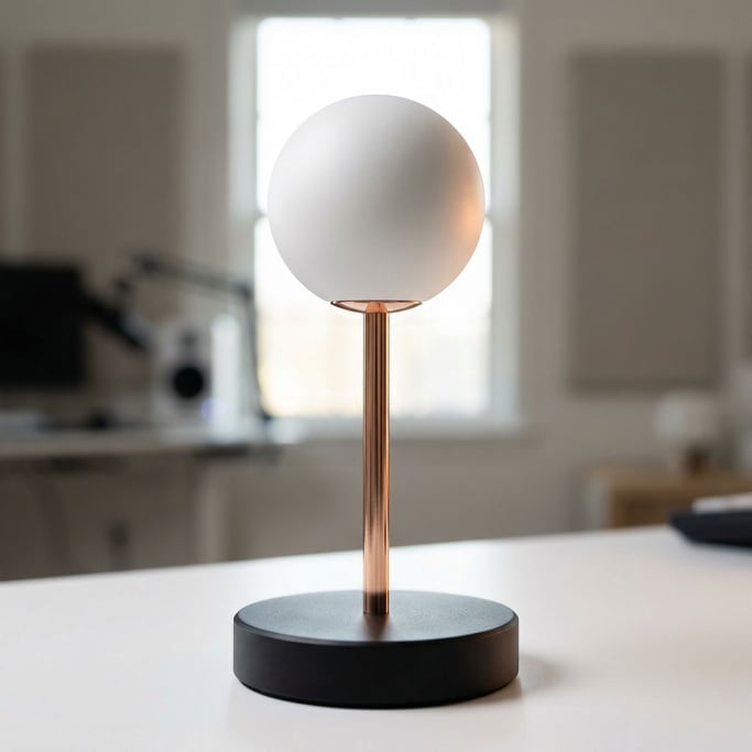 A concept desktop microphone with a spherical capsule in matte white powder-coated aluminum mounted on a thin rose gold stem rising from a heavy black steel disc base