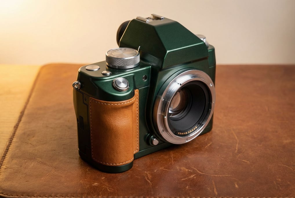 A concept medium format digital camera body in deep forest green with a tan leather grip panel and oversized chrome shutter speed dial on top