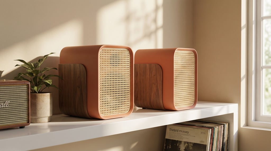 A concept bookshelf speaker pair in matte terracotta orange with woven cane grille panels and solid walnut side cheeks
