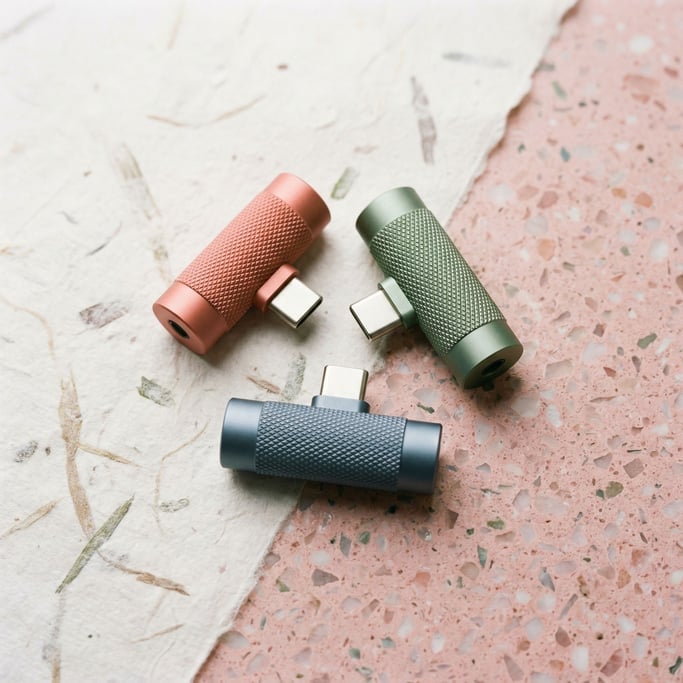 Bright diffused daylight floods a pink terrazzo surface where three USB-C audio dongles sit in a loose triangle