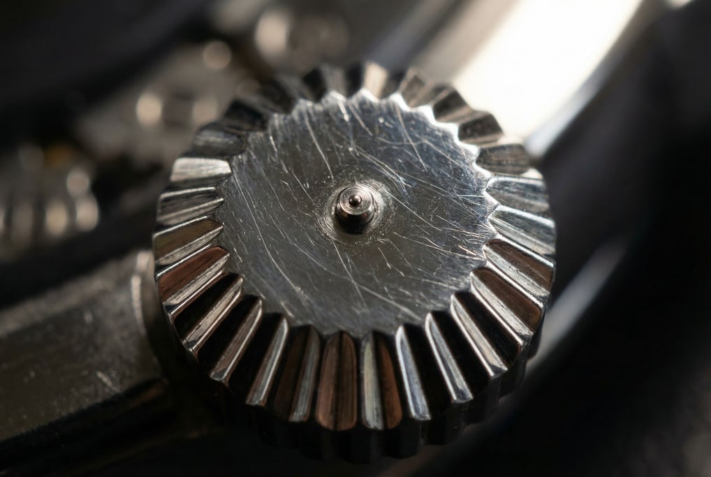 The smartwatch crown wheel fills the frame — polished stainless steel fluted edges alternating bright and dark as they catch a single hard light from the upper right