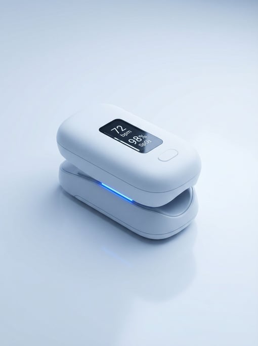 A concept medical pulse oximeter redesigned as a sleek matte white clip with a single small OLED readout showing heart rate and SpO2