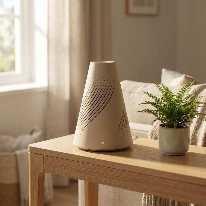 A concept Wi-Fi mesh router shaped like a tapered matte sand polycarbonate shell