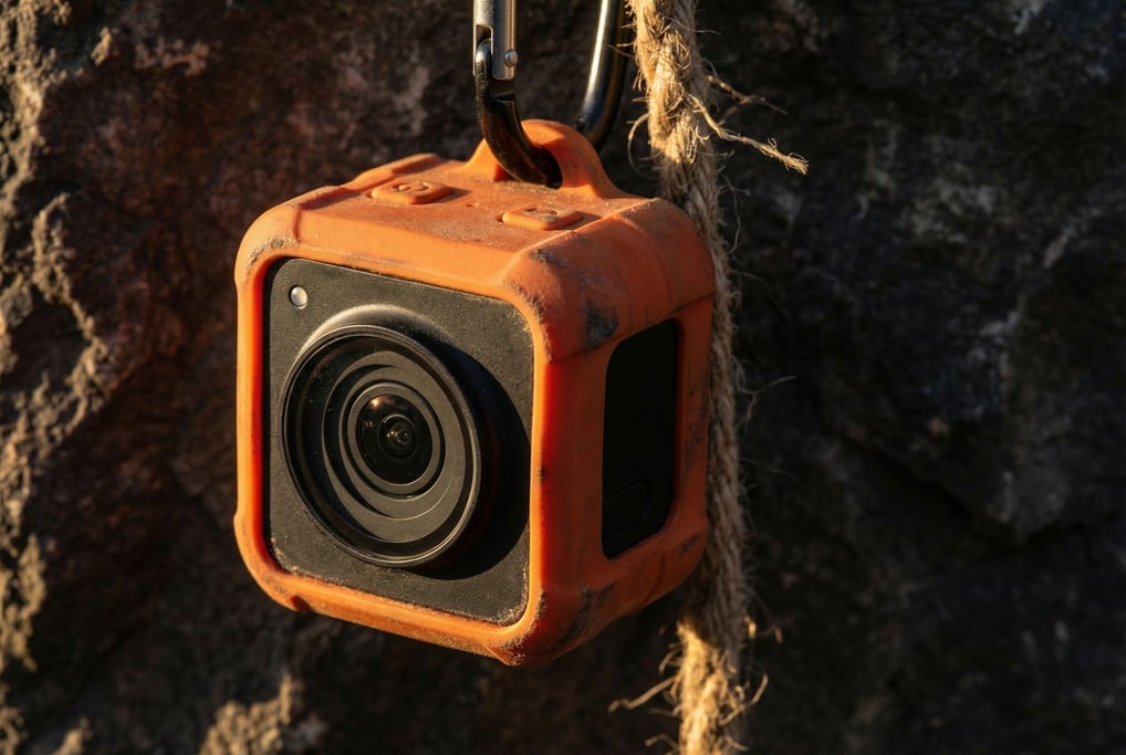 A concept action camera in a compact cube form factor with rounded edges