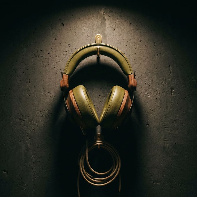 The dark charcoal concrete wall provides a textured backdrop for headphones in olive green leather with a walnut wood headband bridge