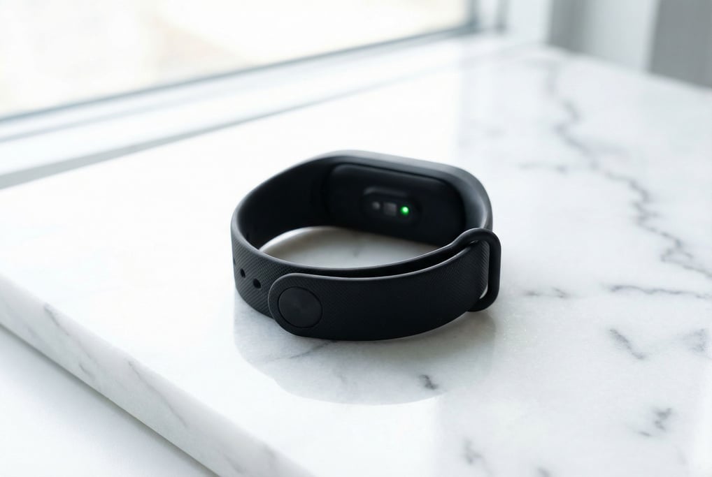 Bright natural light bounces off a white marble slab and onto a matte black fitness tracker coiled once on its surface
