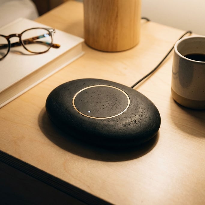 A concept wireless charging pad in the shape of a smooth oval river stone