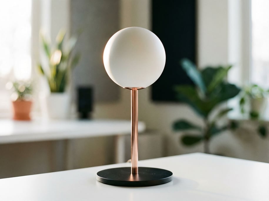 A spherical powder-coated aluminum capsule in matte white rises on a thin rose gold stem from a heavy black steel disc — a desktop microphone