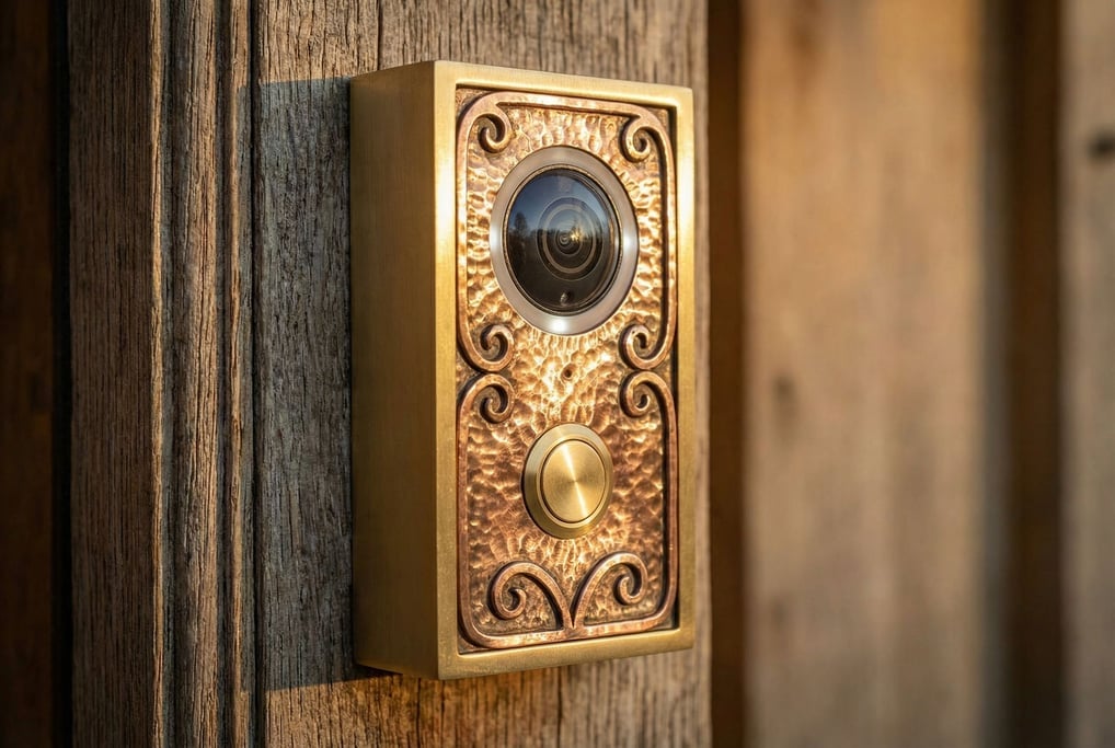 A concept smart doorbell in brushed brass with a circular camera lens and a hammered metal faceplate reminiscent of Arts and Crafts metalwork