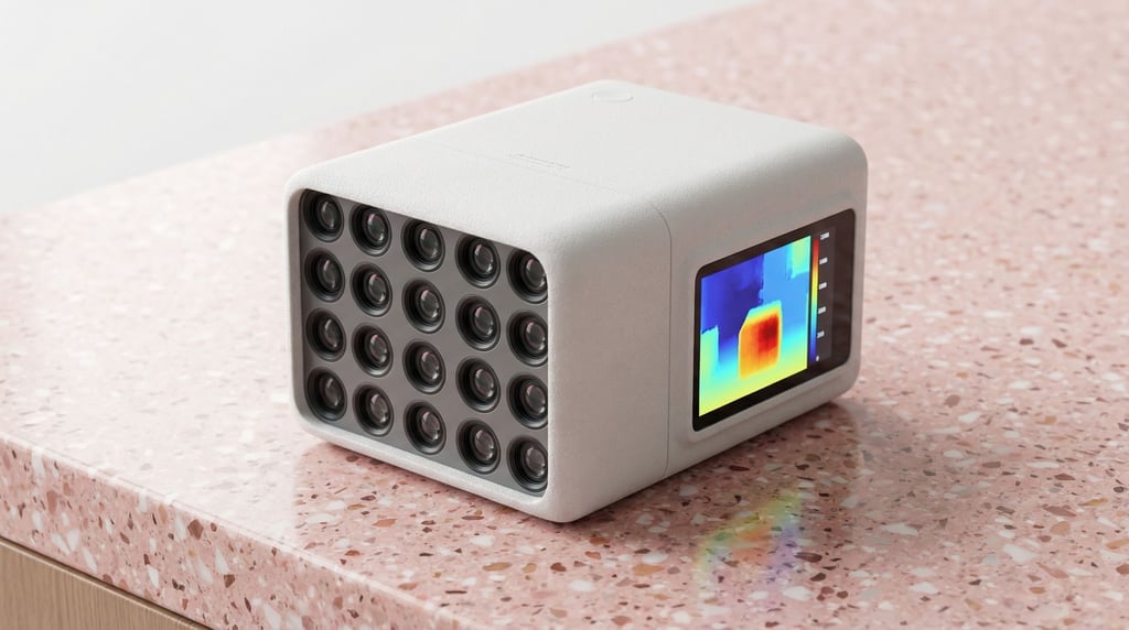 A concept light field camera with an unusual multi-lens array of sixteen small lenses arranged in a 4x4 grid on the front face