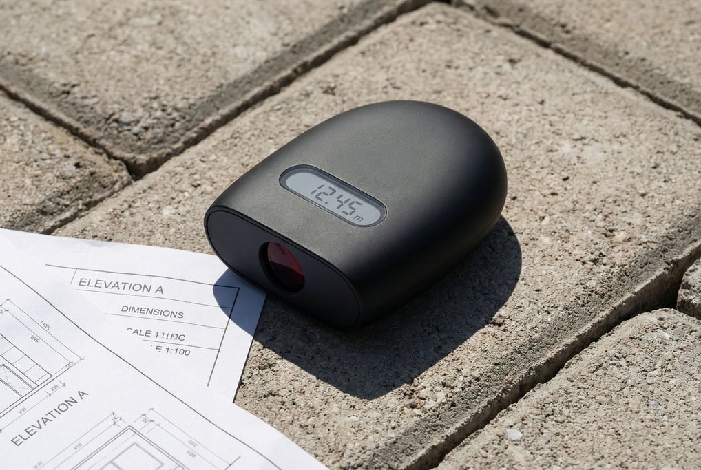 A concept laser distance measurer shaped like a smooth matte black pebble lies on raw concrete