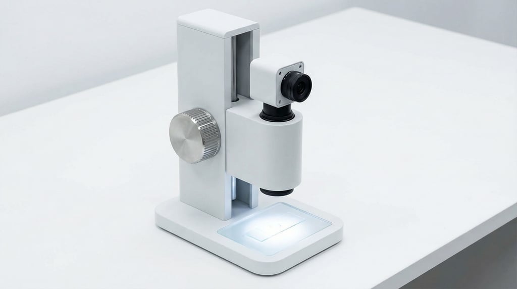 Vertical column of matte white with a precision focusing wheel in knurled stainless steel — a concept digital microscope on a clean white lab bench