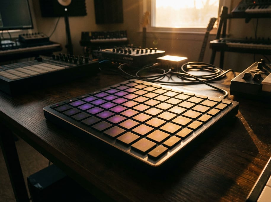 Golden afternoon light warms a dark wood table where a MIDI controller sits — 64 silicone velocity pads in matte black