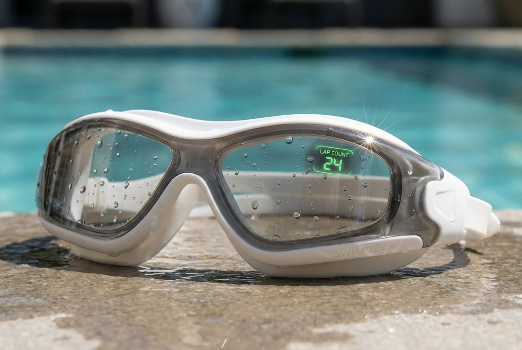 A concept pair of smart swimming goggles with a translucent smoky grey one-piece lens and a streamlined white silicone frame