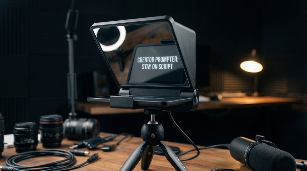 A concept teleprompter device with a 45-degree beamsplitter glass mounted on a compact matte black h