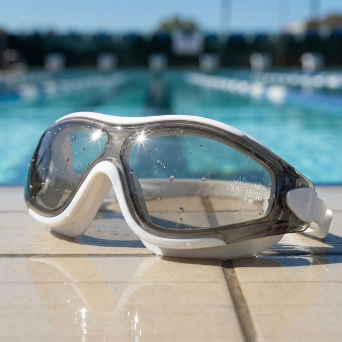 A pair of concept swimming goggles with translucent smoky grey one-piece lens and white silicone fra