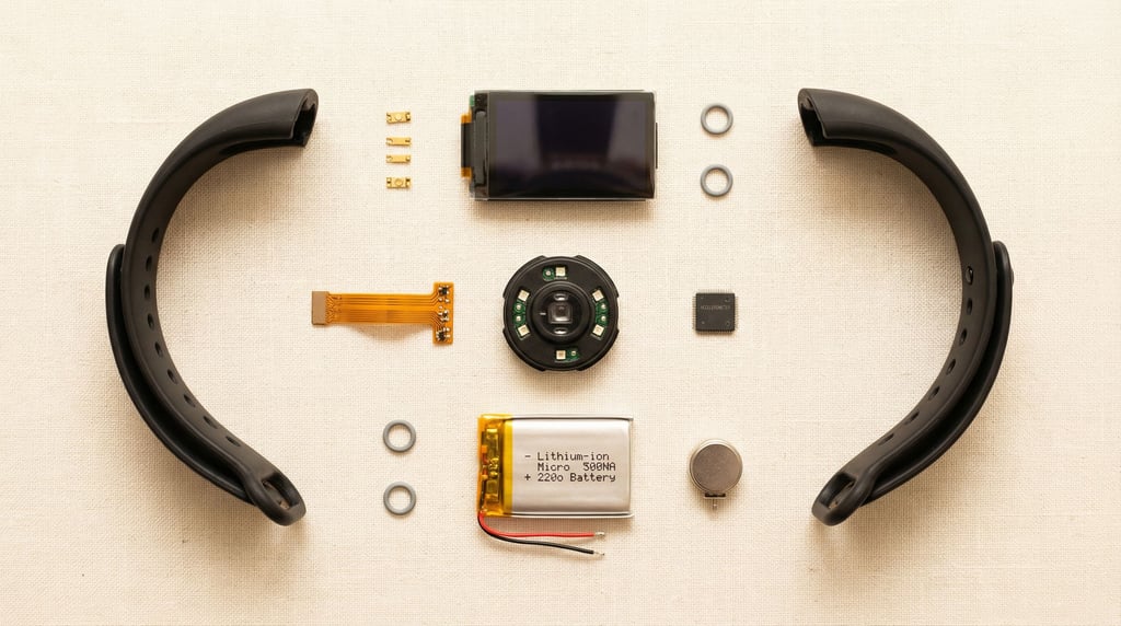 Six disassembled components of a concept fitness tracker spread across cream linen in a flat-lay gri