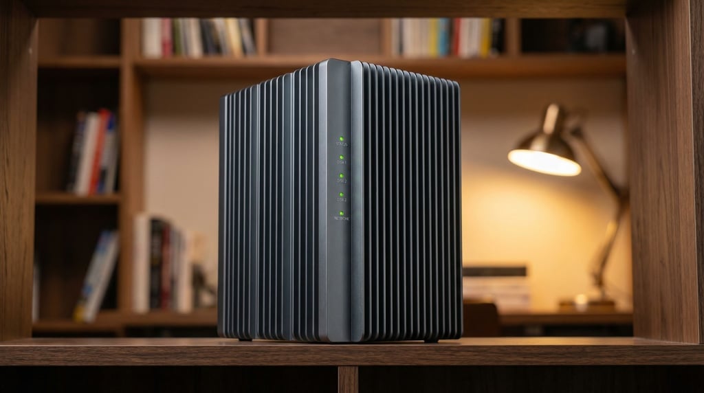 A concept network-attached storage device shaped like a vertical book-sized slab in dark grey anodized aluminum with ventilation fins running vertically along both sides