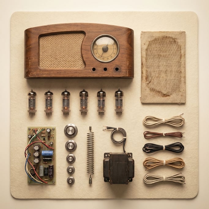 A disassembled vintage-inspired concept radio laid out on warm cream in perfect knolling order: wooden front panel top-center