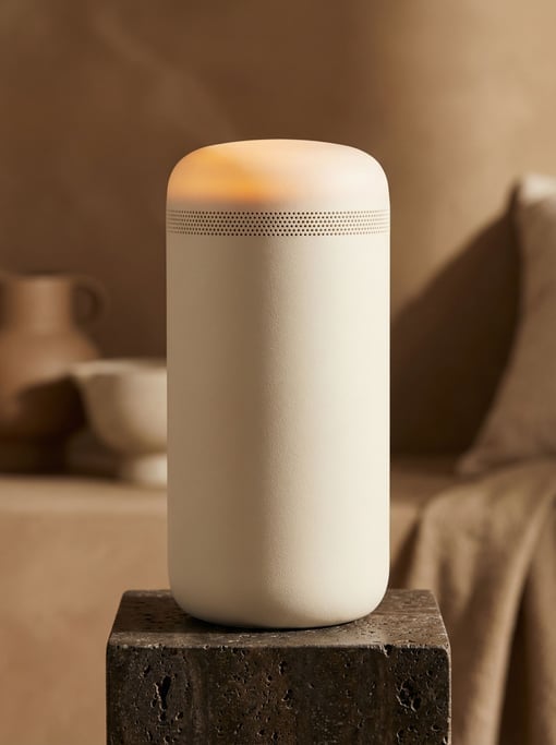 A concept standalone voice assistant device shaped like a tall narrow cylinder in matte cream soft-touch polycarbonate with a ring of tiny perforations near the top for the microphone array