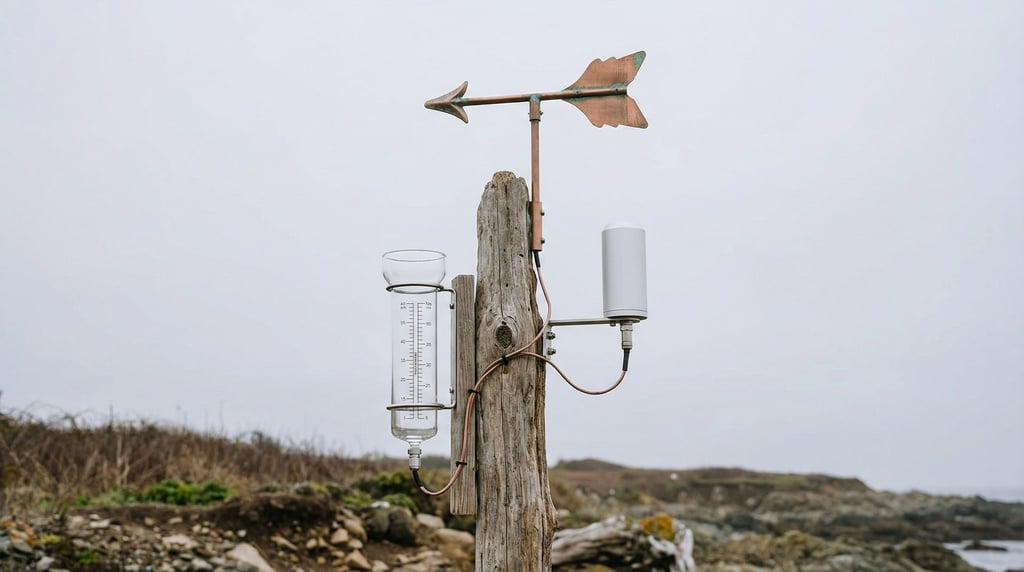 Three concept home weather station modules — rain gauge in clear borosilicate glass