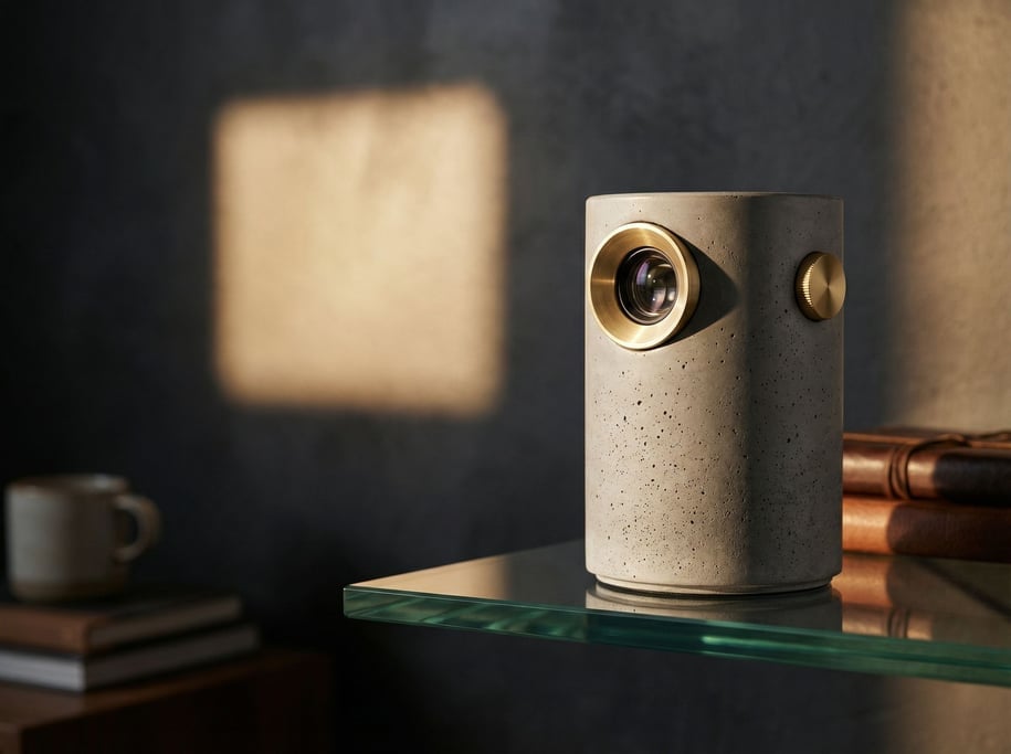 A polished concrete cylinder sits on a thick glass shelf — a concept portable projector