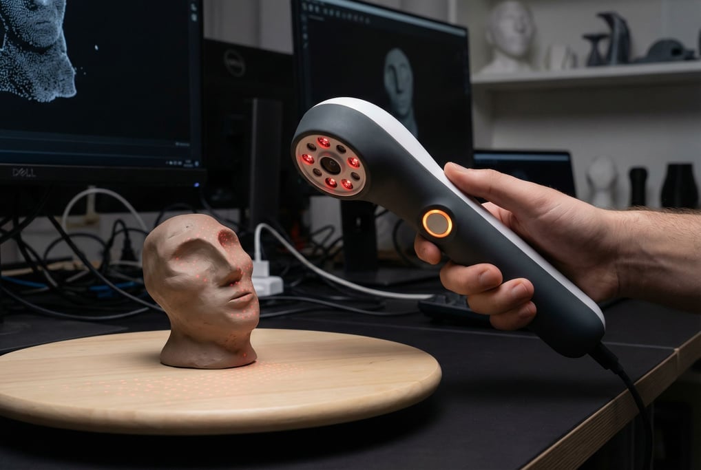 A concept 3D scanner in the form of a handheld wand with a cluster of infrared emitters at the tip and a small camera module