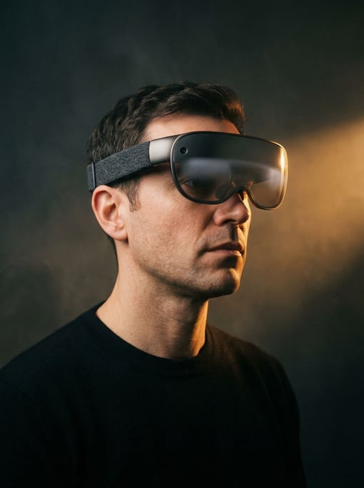 Seen from a three-quarter angle: a man wearing a slim mixed-reality headset with smoky grey translucent visor and knitted dark grey fabric strap