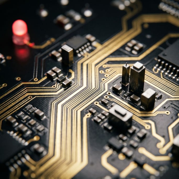 Gold-plated circuit traces run like bright rivers across a matte black PCB