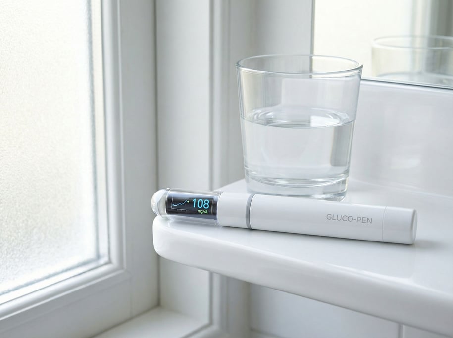 A concept pen-shaped blood glucose monitor with a slim bone white polycarbonate body and a small col