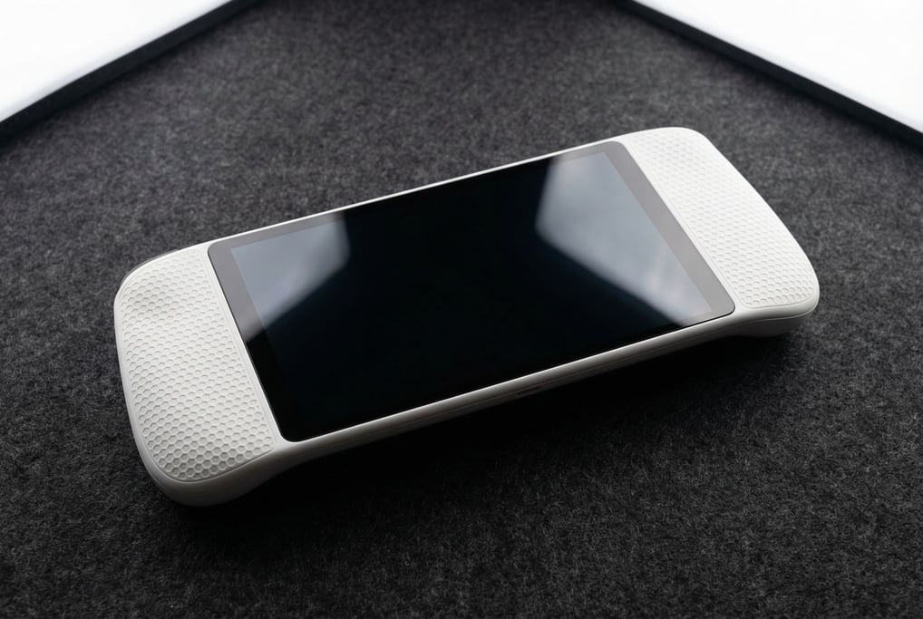 The honeycomb texture of matte white polycarbonate grips flanks a wide 6-inch reflective black displ