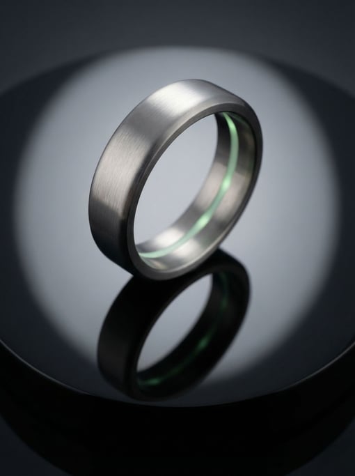A concept smart ring on a polished black obsidian display stone