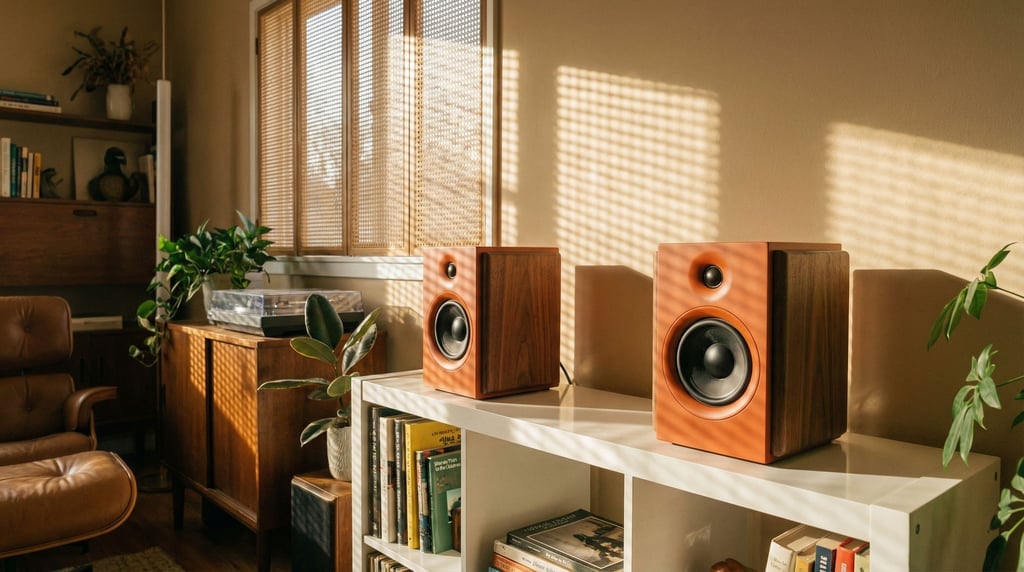 Woven cane grille panels filter warm afternoon window light through intricate patterns as a pair of