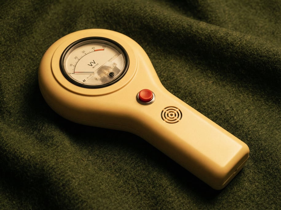 A concept geiger counter lies on a dark green wool blanket — handheld wand shape in matte cream bake