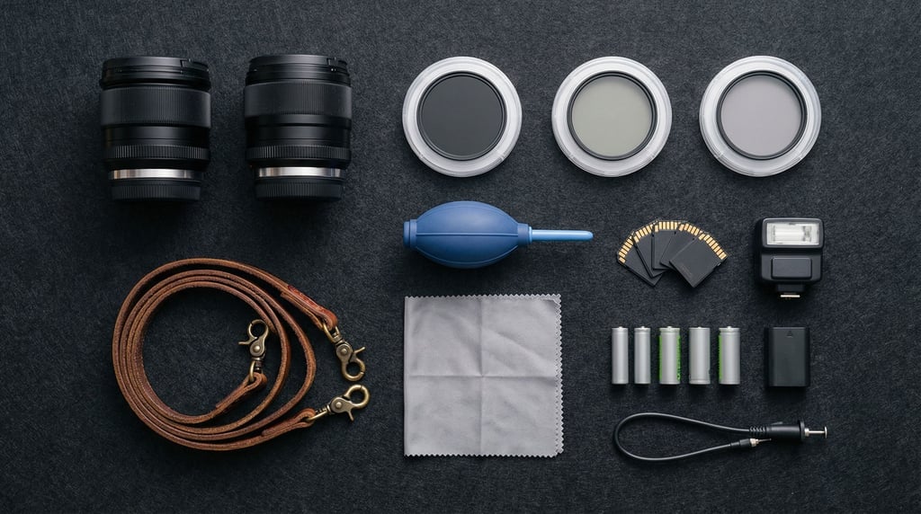 A flat-lay knolling arrangement of concept camera accessories on dark charcoal felt: two prime lense