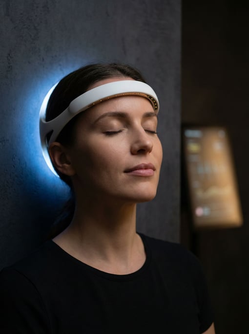 A woman wearing concept neural-interface headband in flexible matte white polymer with small gold el