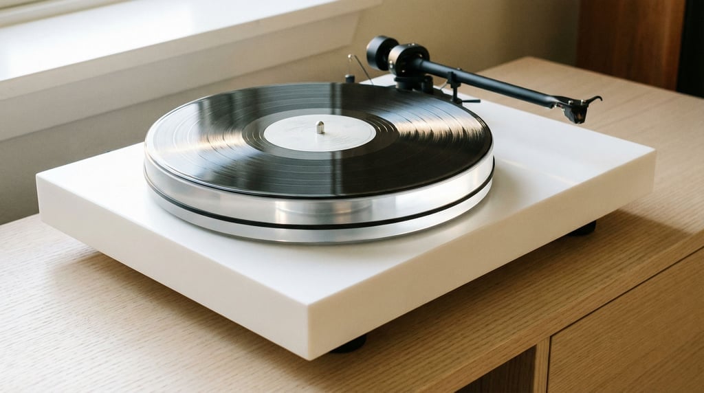 A record sits on the clear acrylic platter of a concept turntable