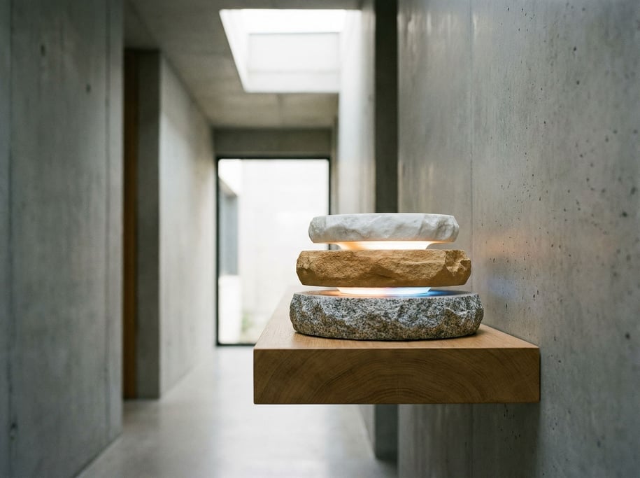 Stacked like a stone cairn: white marble, grey granite